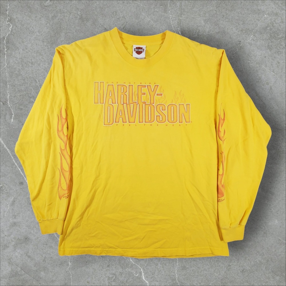 Harley-Davidson Long Sleeve Shirt Mens L Yellow Flame Sleeve Horny Toad Texas